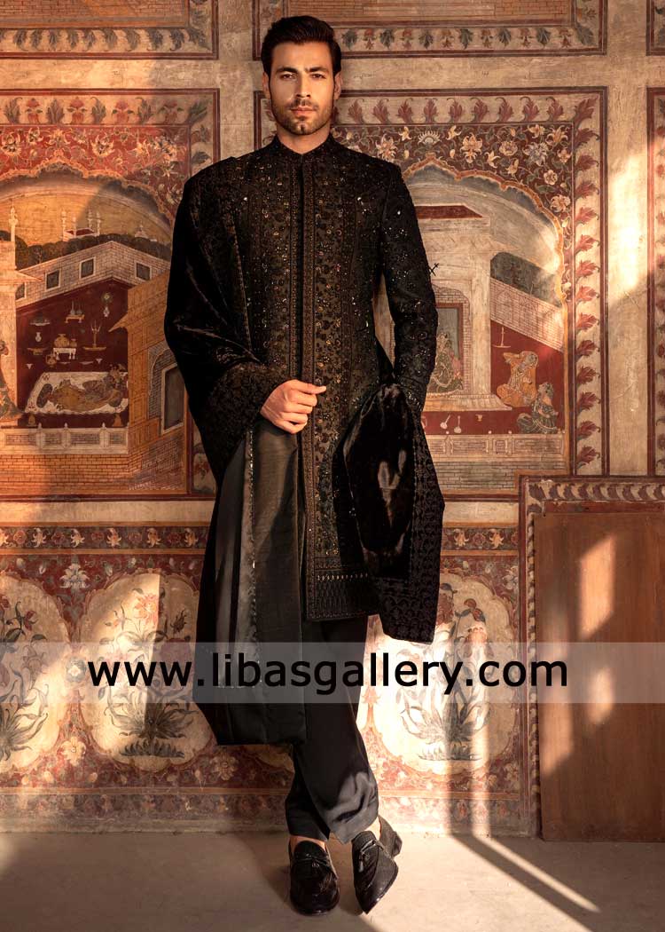 Black Hand Embellished Floral pattern sherwani for Wedding with cut dana Swarovski Crystal beads thread work UK USA Canada Dubai Australia